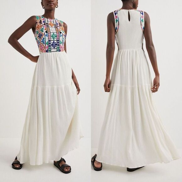 Desigual Juno Dress Embroidered White Cutout Maxi - Picture 1 of 8